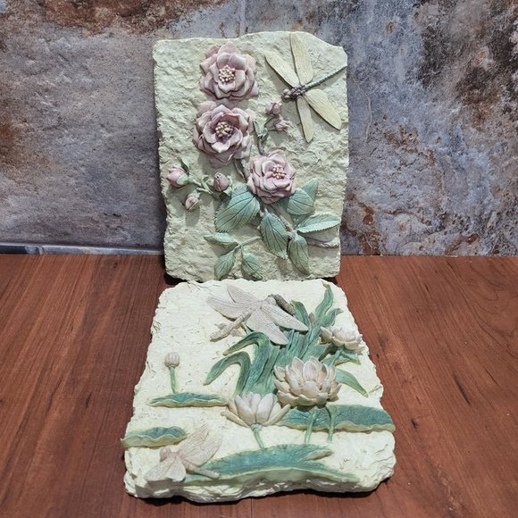 Botanical Clay Flower Dragonfly Art Wall Sculpture Plaster Cream Tile - Picture 13 of 14